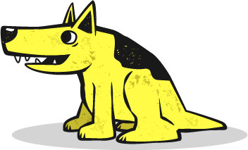 WAGS yellow dog mascot with black patch on back sitting facing the left